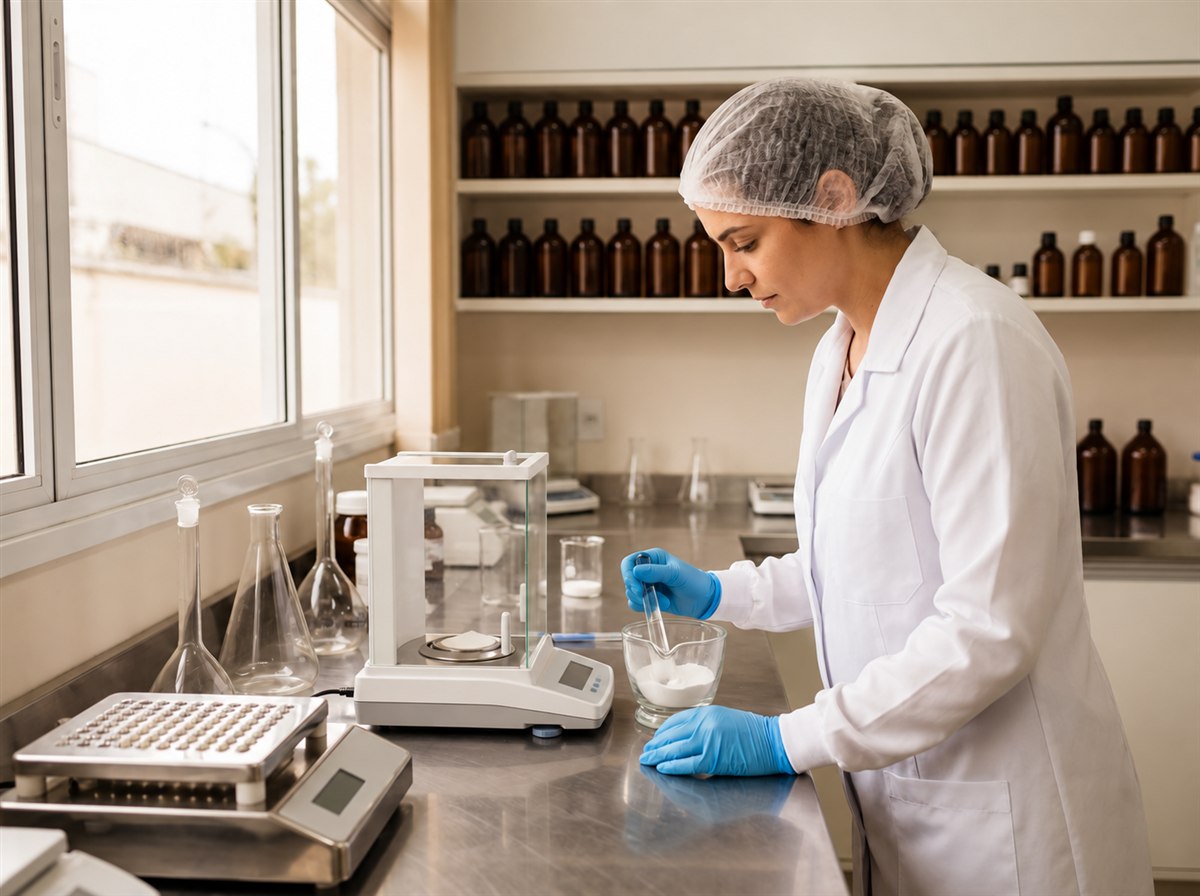 Profissional preparando uma fórmula em laboratório farmacêutico